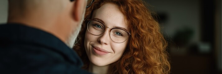 Smiling caucasian young female with red hair and glasses facing bearded male indoors
