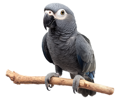 Gray parrot perched on branch animal isolated on transparent background, png