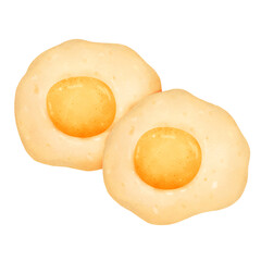Watercolor-style illustrations of fried eggs with a soft, hand-painted texture. image shows two fried eggs overlapping,Both have a warm