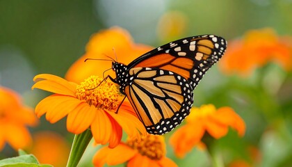 Fototapeta premium Monarch butterfly perched gracefully on a vibrant orange zinnia blossom capturing nature's