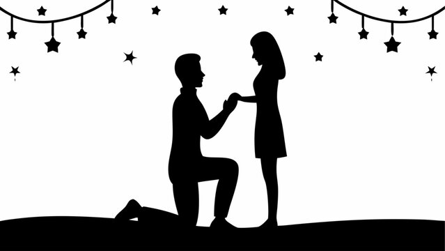Silhouette of man proposing to woman under star string lights in romantic illustration scene design | editable eps vectors