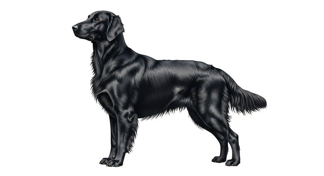 Elegant black flat coated retriever dog standing proudly in profile isolated on transparent background