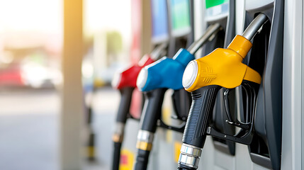 Colorful fuel nozzles at a gas station offer various fuel types, ensuring drivers can select the appropriate option for their vehicles.