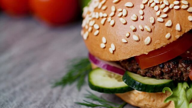 vivid 4K food footage vegan burger arranged fresh toppings resting rustic surface bs vegetables emphasizing plant based lifestyle commercial