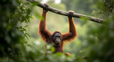 Orangutan hanging from branch in lush green jungle, a stunning portrait of wildlife beauty