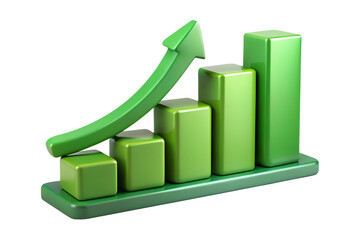 A 3d green bar chart with a green arrow indicating upward growth and progress, isolated on a transparent background