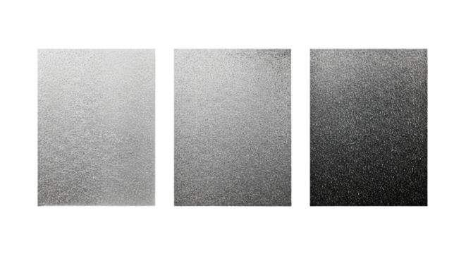 Three distinct abstract monochrome panels with distressed grunge textures, film grain, and rough static, arranged horizontally on a clean white background with copy space, top-down view, concept of