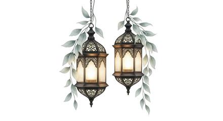 Two ornate antique moroccan style lanterns with intricate metalwork and decorative leaves hanging against a dark background isolated on transparent background