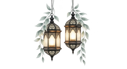 Two ornate antique moroccan style lanterns with intricate metalwork and decorative leaves hanging against a dark background isolated on transparent background