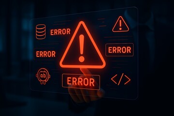 Digital Interface Displaying Error Messages and Warning Signs for System Failure