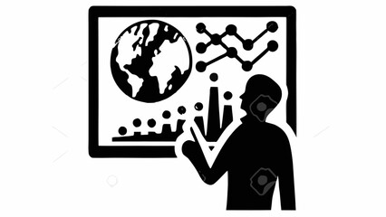 Person presenting global data trends and analytics on a screen with charts and a world map view silhouette