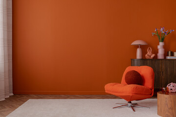 Orange and pink accents in a bright, design room with vintage furniture and soft lighting. Warm, joyful composition. Copy space.