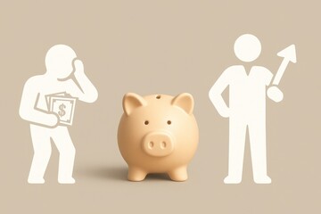 A conceptual image showing financial stress and success. A worried person holding money on the left, a piggy bank in the center, and a confident person with a graph on the right.