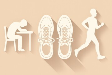 A minimalist illustration showing a person sitting at a desk, a pair of sneakers, and a figure running. The scene emphasizes the contrast between inactivity and physical activity.