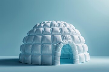White inflatable igloo with open entrance illuminated by a soft light on a light blue background