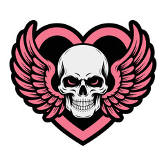 Winged Skull Inside Pink Heart Tattoo Illustration