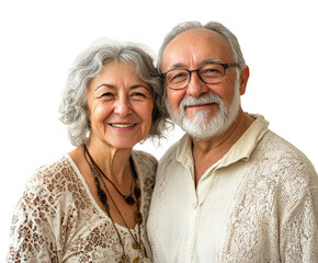 Smiling elderly couple home portrait isolated on transparent background, png