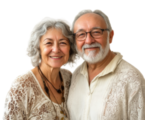 Smiling elderly couple home portrait isolated on transparent background, png