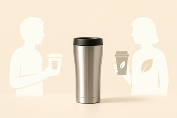 A stainless steel travel mug stands in the center. Two silhouettes of a man and a woman are on either side, each holding a coffee cup. The background is light beige.