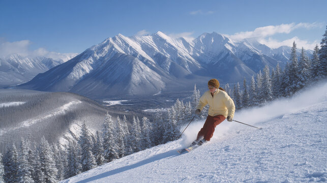 thrilling scene of skier exuberantly conquering slopes against backdrop of majestic snowcapped peaks