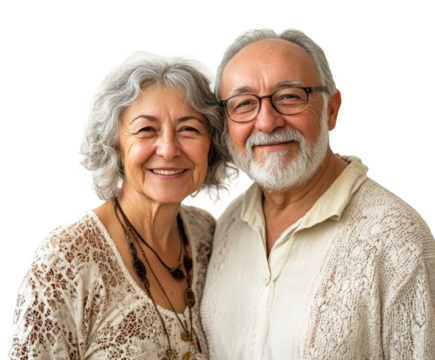 Smiling elderly couple home portrait isolated on transparent background, png