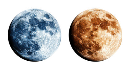 Two contrasting full moons one with a cool blue hue and the other with a warm orange tone isolated on transparent background