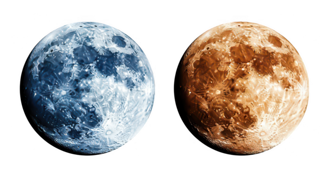 Two contrasting full moons one with a cool blue hue and the other with a warm orange tone isolated on transparent background