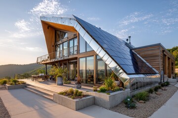 Obraz premium bungalow with matte black solar panels