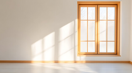 Obraz premium Minimalist interior with a wood-framed window, sunlight streaming through, creating shadows on the wall. Serene and bright space showcasing natural light.