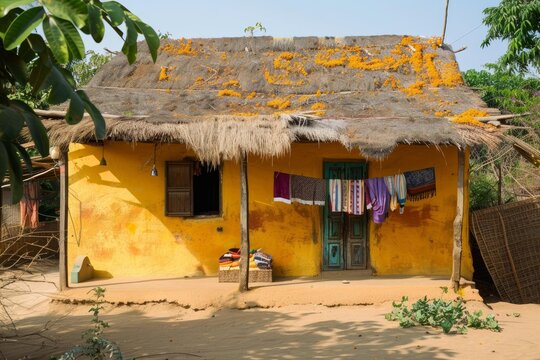 Traditional yellow house with clothes hanging to dry and flowers scattered on thatched roof in a rural village