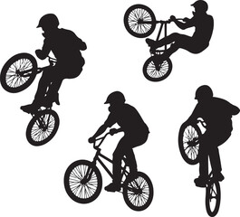 Fototapeta premium Black silhouettes of cyclists performing aerial maneuvers on bicycles cycling stunts
