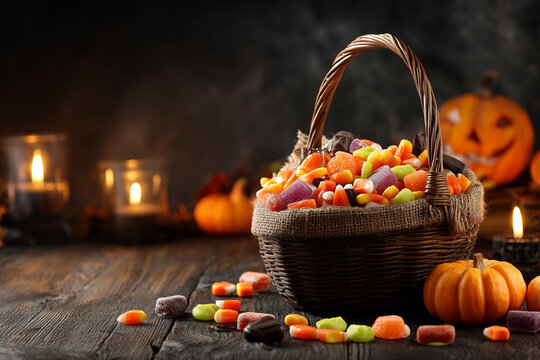 Halloween candy overflowing from a rustic basket on a wooden kitchen table, surrounded by candles, mini pumpkins, and a dark background
