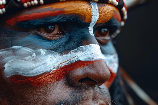 Close up of indigenous person with colorful face paint and traditional headdress, showcasing cultural heritage and traditions