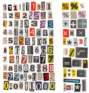 Cutout numbers and symbols from magazines and newspapers.