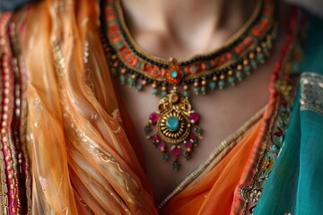 Close up of an indian woman's colorful traditional clothing and jewelry