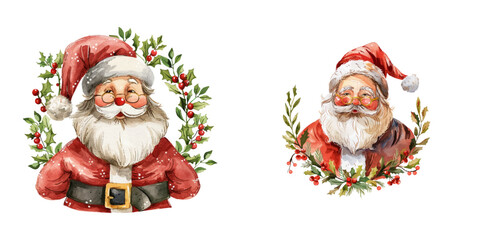 santa claus with christmas wreath watercolor vector illustration
