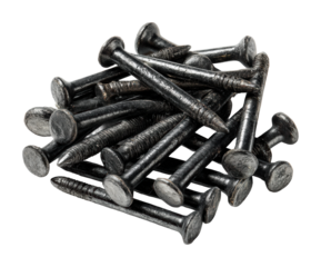 Nailing it black steel nails in a workshop industrial isolated on transparent background, png