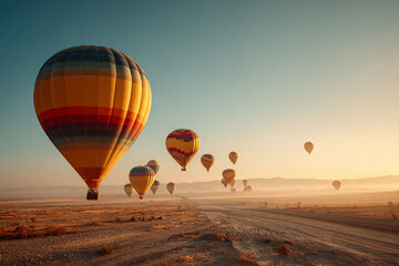 Obraz premium Hot air balloons floating above a desert at sunrise, long shadows and soft warm tones, expansive sky