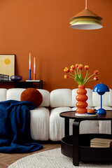 Bright and cozy room with tulips, neutral furniture, mock up graphic poster. A modern take on retro living.