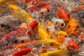 Group of Koi Fish Feeding