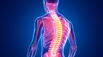 Spine Illustration Showing Scoliosis.  Back view, spine anatomy with curvature.  Education, Medical, Healthcare, and Research use.  Bright, colorful.