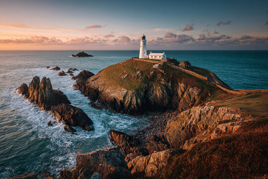 Lighthouse on a rugged coastal cliff during sunset, crashing waves and sea spray below