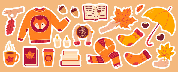 Autumn cozy sticker set. Collection of fall leaves, apple, pumpkin, knitted socks, sweater, scarf, book, coffee and tea cup. Hand drawn flat vector illustration