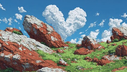 Obraz premium A heart-shaped cloud over rocky hills
