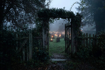 Old wooden gate half-open with a misty graveyard beyond, covered in creeping ivy and faint candlelight visible in the distance