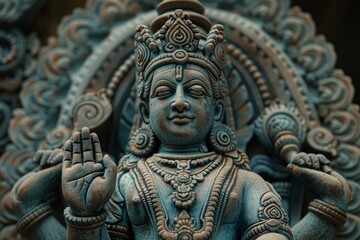 Fototapeta premium Close up of weathered vishnu statue making abhaya mudra, symbolizing protection and dispelling fear