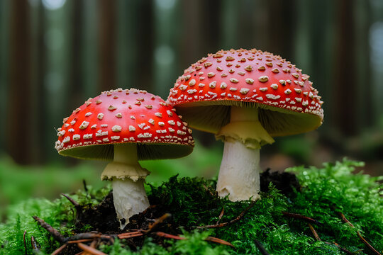 Vivid Fly Agaric Mushrooms: A pair of striking mushrooms with red caps and white spots stand out against lush green moss in a tranquil forest setting.