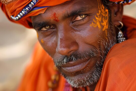 Portrait of a sadhu wearing orange turban and traditional clothes - Powered by Adobe