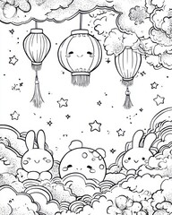 Cute Mid-Autumn Festival coloring page with bunnies on clouds and hanging lanterns, adorable moon celebration illustration for kids to print