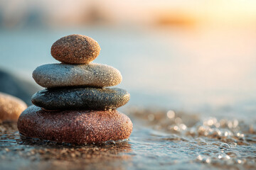 Pile of smooth river stones with water droplets glistening in the sun, background in soft focus